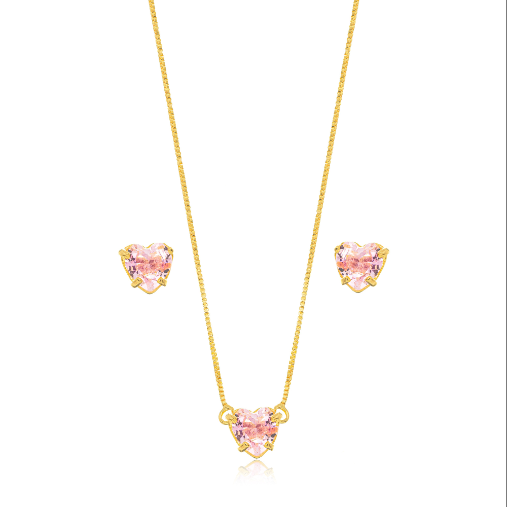 CONJUNTO CORAÇÃO CRISTAL ROSA